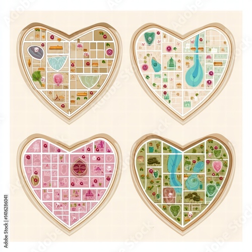 Heart-Shaped Map Designs with Colorful Illustrations for Creativity