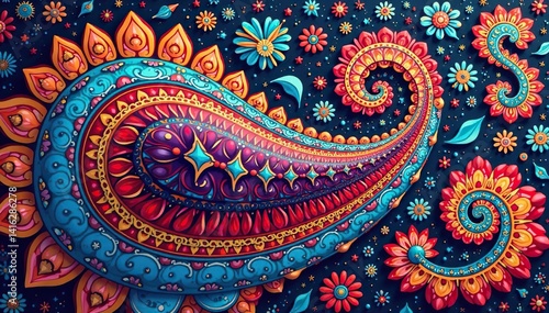 Bold, stylized paisley design with sharp lines and vibrant colors , design element, art, illustration