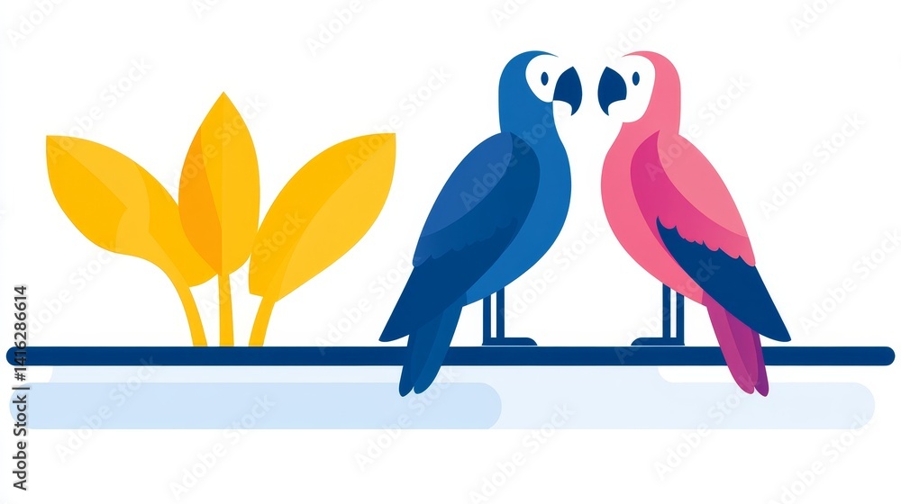 Fototapeta premium Colorful avian illustration showcasing two birds in blue and pink hues perched on a line next to a vibrant yellow plant graphic design element