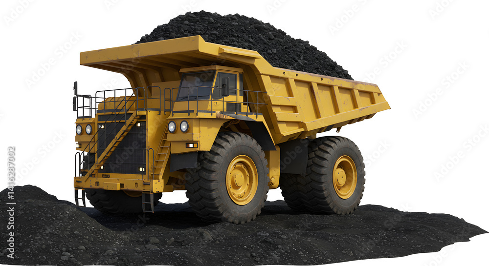 Fototapeta premium A Yellow Heavy Duty Mining Truck Carrying a Load of Coal in White Background