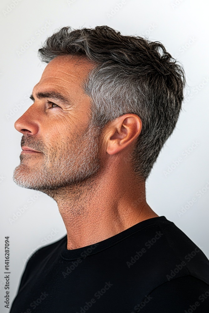 Obraz premium A sophisticated male posing with grace. Pure white solid background. Concept art idea of style for aging men. Modish men's crew cut haircut - midlife white man with grey hair.