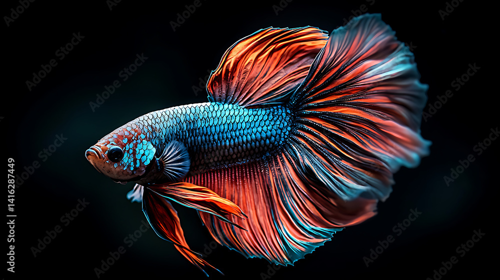 The moving moment beautiful siamese betta fish or dumbo betta splendens fighting fish in thailand on isolated black background. Thailand called Pla-kad or big ear fish. Colorful siamese fighting fish. The moving moment beautiful siamese betta fish or dumbo betta splendens fighting fish in thailand on isolated black background. Thailand called Pla-kad or big ear fish. Colorful siamese fighting fish.
