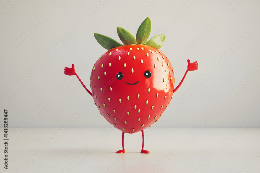 Cute cartoon strawberry character with tiny limbs and cheerful face, isolated on white background, perfect for children content, summer fruit designs, or healthy food themes.