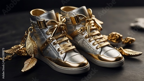 Gold and silver sneaker charms shaped like tiny wings, attached to a stylish sneaker, luxury fashion ad, sharp focus