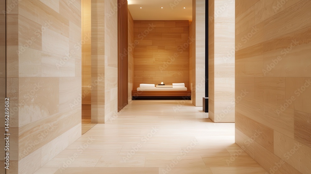 Fototapeta premium Serene Interior of a Modern Spa with Warm Wood Elements and Relaxing Atmosphere for Wellness and Rejuvenation
