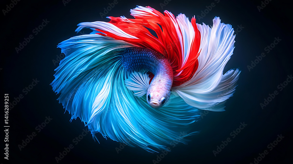 Fototapeta premium The moving moment beautiful siamese betta fish or dumbo betta splendens fighting fish in thailand on isolated black background. Thailand called Pla-kad or big ear fish. Colorful siamese fighting fish.