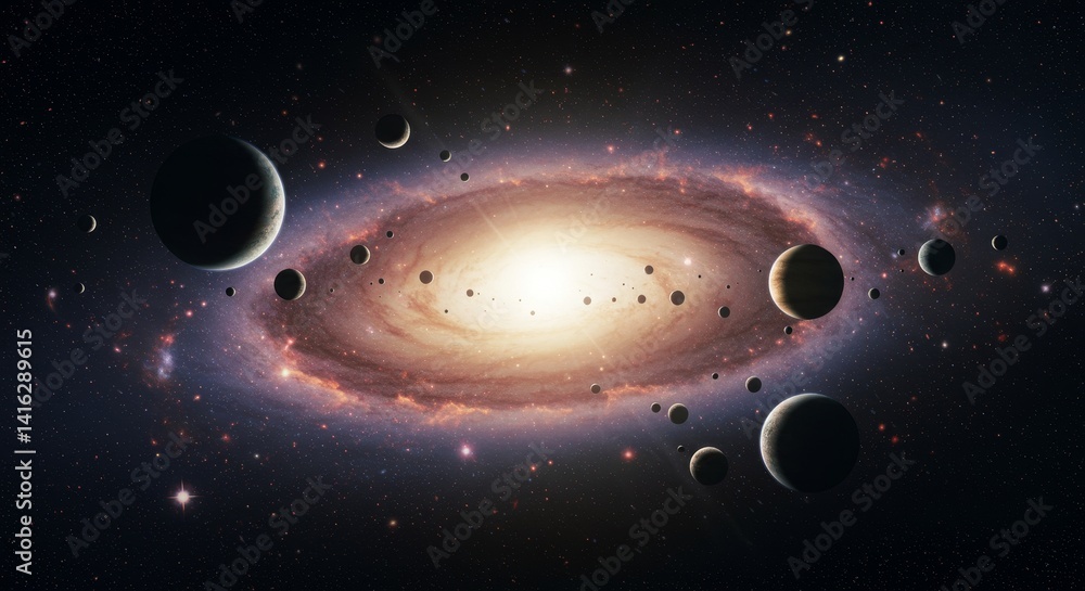 Naklejka premium Dance of Planets Around a Spiral Galaxy - Celestial ballet, cosmic waltz, planetary symphony, galactic swirl, universe's dance. A captivating of planets orbiting a spiral galaxy