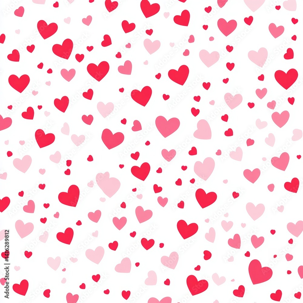 Heart pattern, various shades of red and pink hearts on white background Heart pattern, various shades of red and pink hearts on white background