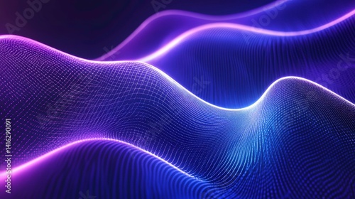 Abstract background with purple and pink glowing particles forming wavy lines. Dark background, glowing light, digital art, technology, futuristic, energy, flowing, motion, dynamic, vibrant