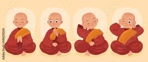 Four cute little cartoon monks in meditation poses. Buddhist monks in red clothes. Vesak day. Monk in a pose of prayer, teacher monk, monk covers his ears with his hands, thoughtful monk.