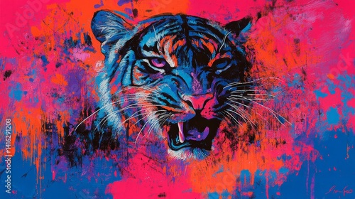 Dynamic splash art of a roaring tiger with bold brushstrokes and vibrant color palettes creating a powerful and energetic visual experience painting