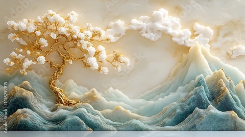 3D background mural, with white and gold clouds in the sky, a golden tree of life, golden flowers, mountains with a carved jade texture, 