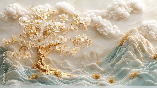 3D background mural, with white and gold clouds in the sky, a golden tree of life, golden flowers, mountains with a carved jade texture, 