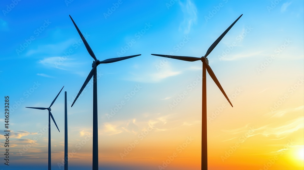 Obraz premium Wind turbines against a stunning sunset sky with vibrant colors