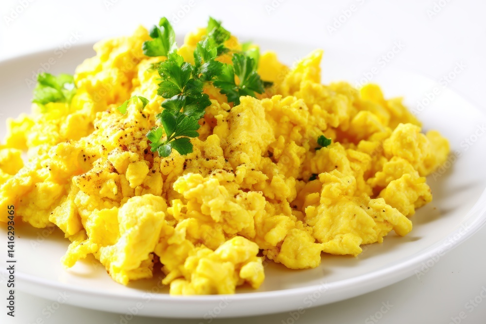 Delicious Golden Scrambled Eggs with Fresh Parsley on White Plate Elegant Culinary Food Photo Delicious Golden Scrambled Eggs with Fresh Parsley on White Plate Elegant Culinary Food Photo
