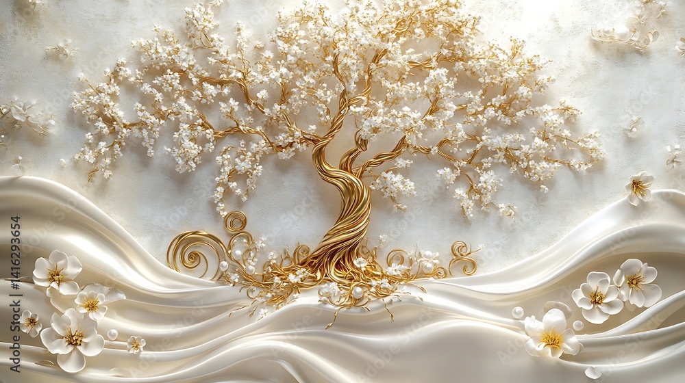 3D background with white silk and a golden tree of life, pearls, flowers, golden swirls, a white floral design, and a white wall mural 3D background with white silk and a golden tree of life, pearls, flowers, golden swirls, a white floral design, and a white wall mural