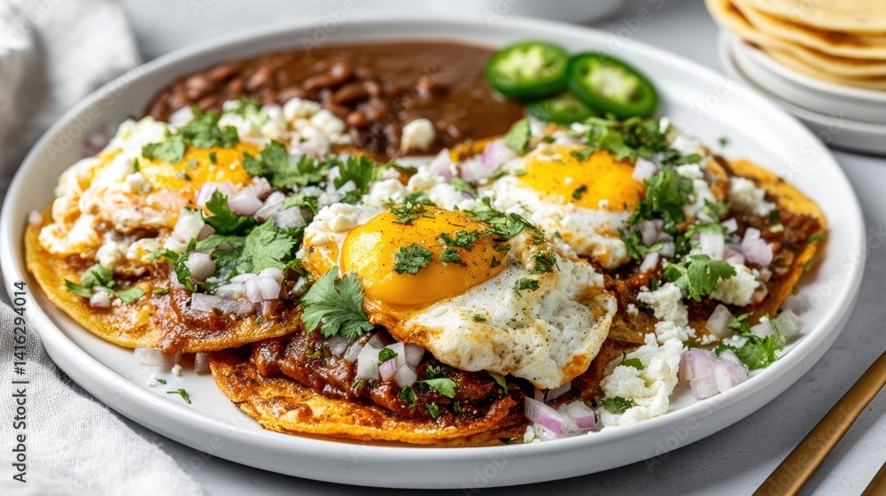 Huevos Rancheros on Crisp Corn Tortillas Topped with Beans Cheese Cilantro and Jalapenos Food Photography Huevos Rancheros on Crisp Corn Tortillas Topped with Beans Cheese Cilantro and Jalapenos Food Photography