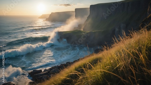 Crashing Waves against Cliff Coastline at Sunset with Golden Grass