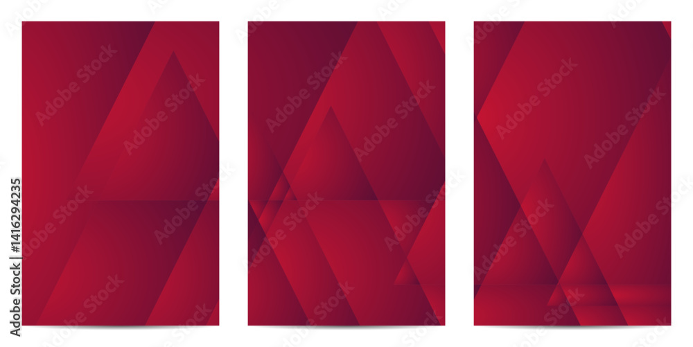 Obraz premium Three red vector images feature geometric designs with layered triangles and gradients. These graphics can be used as versatile background elements for various design projects.