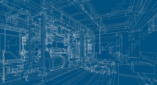 Industrial Facility Blueprint Design - Detailed blueprint of a complex industrial facility, showcasing intricate machinery and infrastructure