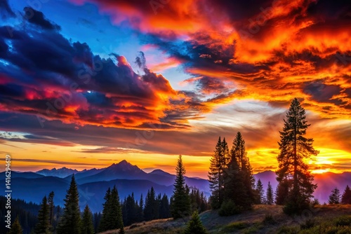 Majestic Landscape Silhouette Photography: Dramatic Sunset, Mountain Range, Tree Silhouette