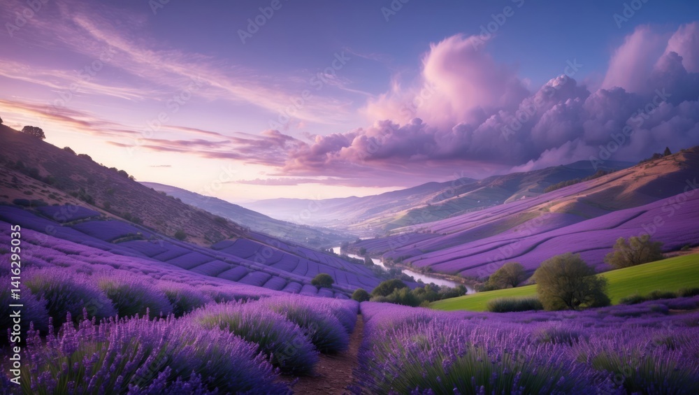 Obraz premium Lavender Field Landscape at Sunset with a Scenic Valley View