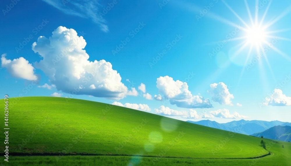 A bright blue sky with fluffy white clouds peeking out from behind a sun-kissed hillside , hills, scenic, nature A bright blue sky with fluffy white clouds peeking out from behind a sun-kissed hillside , hills, scenic, nature
