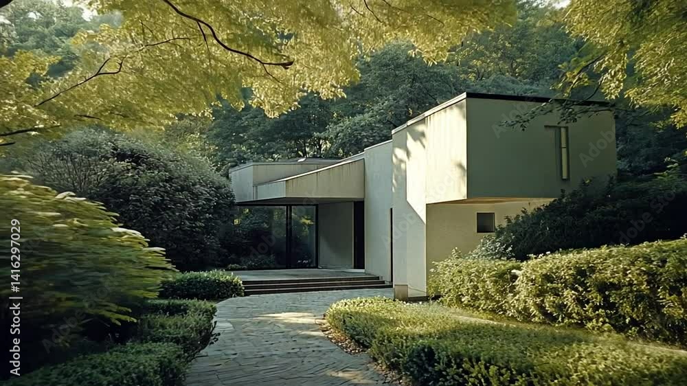 Modern house nestled in lush garden, sunlit pathway, trees overhead