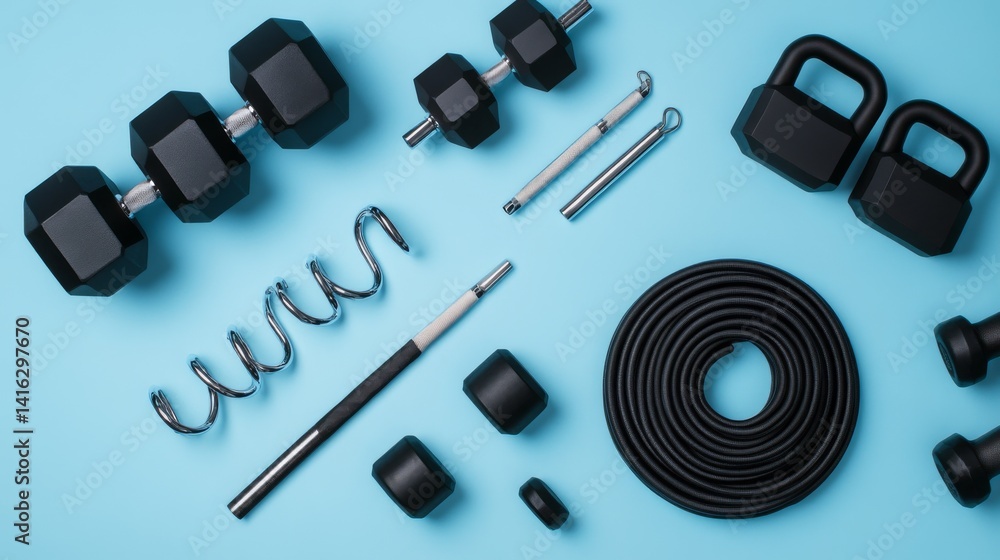Overhead flat lay of essential workout gear including hexagonal dumbbells, foam roller, jump rope with aluminum handles, exercise bands, premium leather weightlifting belt, arranged symmetrically Overhead flat lay of essential workout gear including hexagonal dumbbells, foam roller, jump rope with aluminum handles, exercise bands, premium leather weightlifting belt, arranged symmetrically