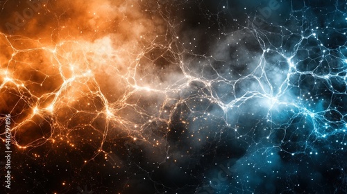 Abstract cosmic scene featu swirling nebulae in vibrant orange and blue shades interwoven with bright branching energy patterns resembling lightning