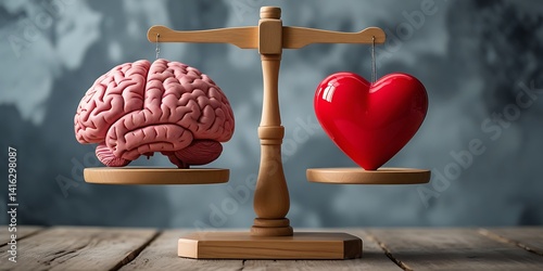Symbolic illustration of mind versus heart on justice scale, highlighting the contrast of rational thought and feelings, ideal for mental health or life choice themes


