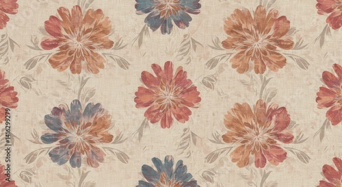 Elegant floral pattern repeats seamlessly with earth tones and vintage style