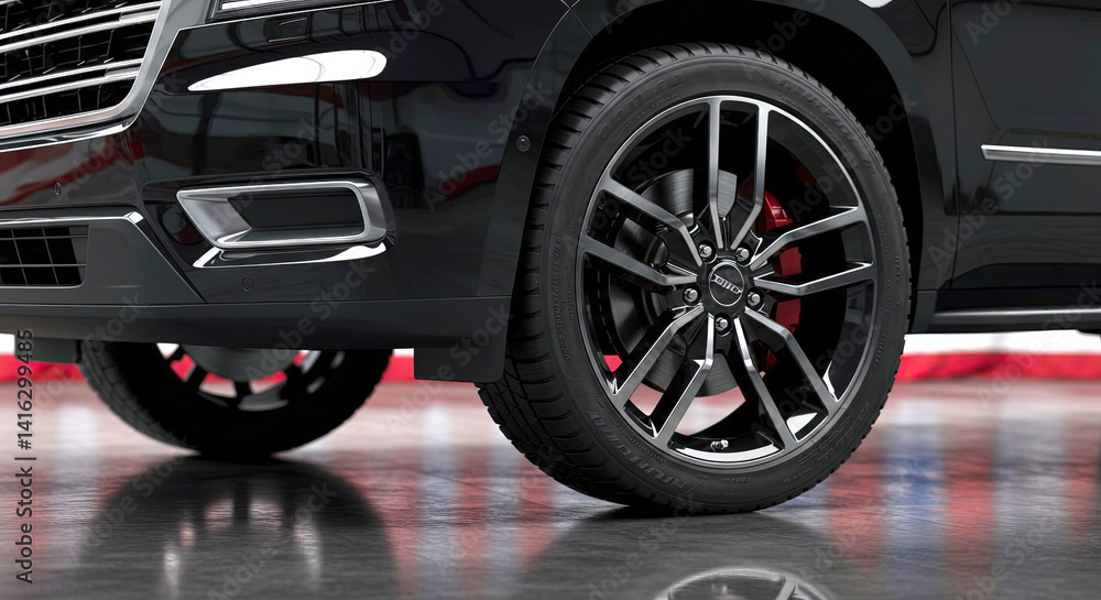 Sleek black vehicle with stylish alloy wheels parked in a modern garage with vibrant background Sleek black vehicle with stylish alloy wheels parked in a modern garage with vibrant background