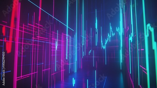 Obraz na płótnie Neon Lines Abstract Digital Art: A Psychedelic 3D Render of Vivid Pink and Blue Glowing Lines w salonie