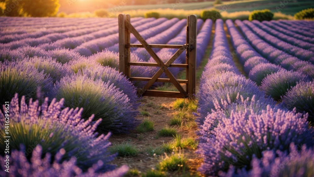 Obraz premium Walking Through a Lavender Field During Golden Hour with Wooden Gate