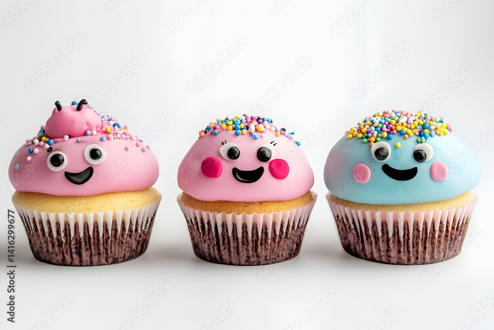 Three cartoon cupcakes with smiling faces and colorful sprinkles arranged neatly in row on clean white background, perfect for bakery themes, playful dessert art, sweet character designs.