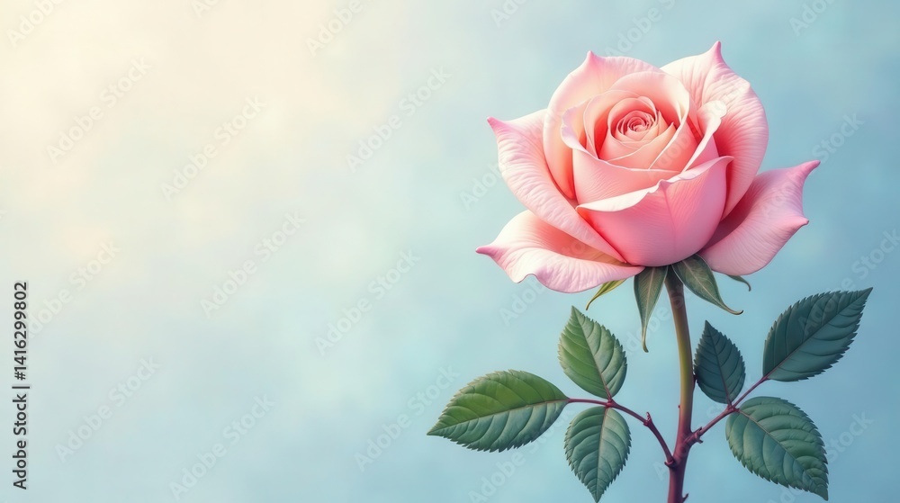 Obraz premium A Delicate Pink Rose Blooming Gracefully Against a Soft Blue Background, Representing Purity, Elegance, and Natural Beauty