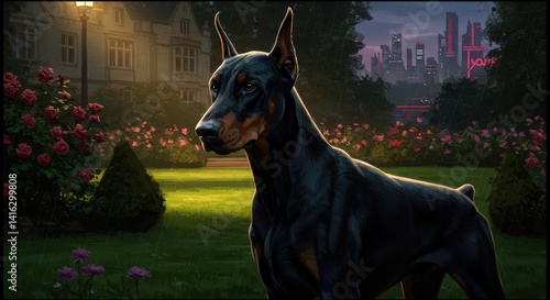 Doberman in a Luxurious Garden with City Skyline