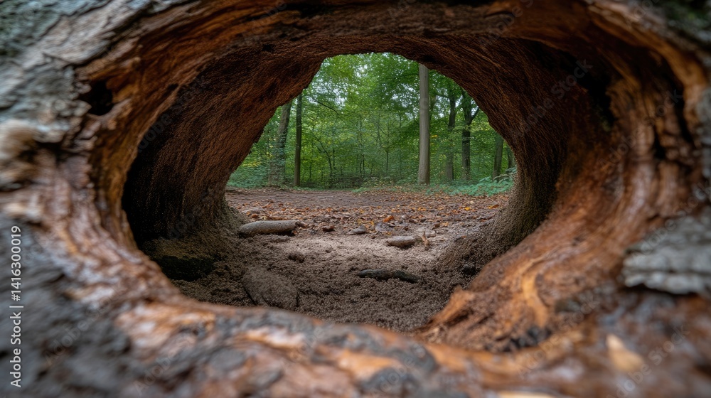 Hollow tree trunk, forest view Hollow tree trunk, forest view
