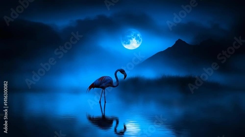 Serene Night: Flamingo Under Moonlight