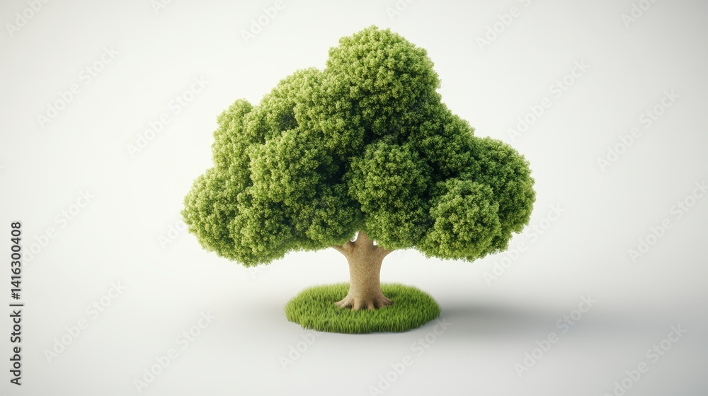 Lush green tree with thick trunk and rounded canopy on a small patch of grass against a plain white background creating a serene, calming effect. Lush green tree with thick trunk and rounded canopy on a small patch of grass against a plain white background creating a serene, calming effect.