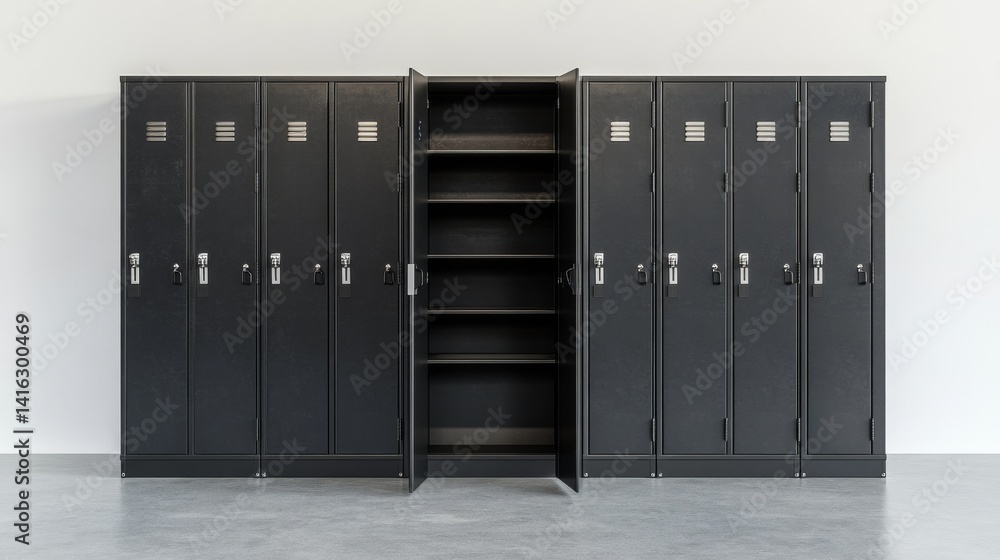 Row of charcoal black metal school lockers against light gray concrete floor, single open locker revealing empty interior with metal hooks and shelf, fluorescent lighting casting soft shadows, hyper Row of charcoal black metal school lockers against light gray concrete floor, single open locker revealing empty interior with metal hooks and shelf, fluorescent lighting casting soft shadows, hyper