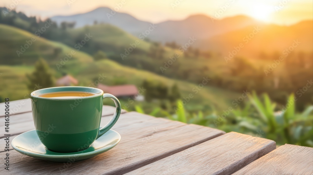 Serene morning coffee on table overlooking sunlit green hills Serene morning coffee on table overlooking sunlit green hills