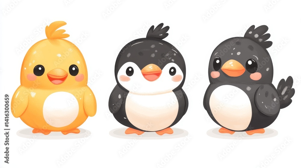 Naklejka premium Adorable Pixelated Bird Trio Featuring a Yellow Chick and Two Penguins Presenting a Charming and Playful Image for Childrens Illustrations and Design