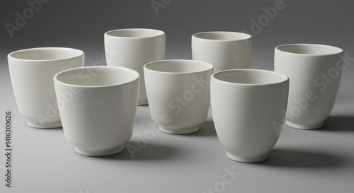 Simple White Ceramic Cups - Six minimalist white ceramic cups arranged on a gray background. Perfect for a clean, modern aesthetic