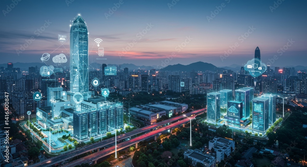 Fototapeta premium Smart City Innovation at Night - Aerial view of a futuristic city skyline at dusk, showcasing smart technology integration and infrastructure