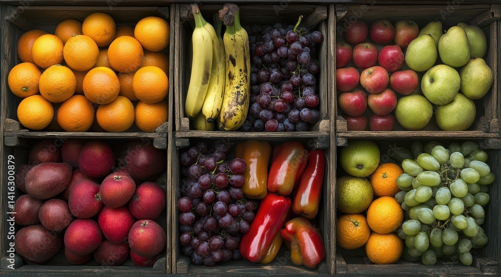 Fresh fruit and vegetables in wooden crates Fresh fruit and vegetables in wooden crates
