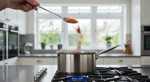 Fototapeta Naklejka Na Ścianę i Meble -  Spice Powder Added to Pot on Kitchen Stove - A hand adds spice powder to a pot on a kitchen stove, symbolizing cooking, flavor, warmth, home-cooking, and culinary arts