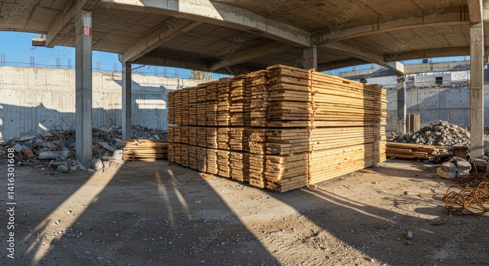 Stacked Lumber at Construction Site - Construction lumber, wood planks, debris, building materials, under construction. Symbolizing growth, progress, development, industry, and building Stacked Lumber at Construction Site - Construction lumber, wood planks, debris, building materials, under construction. Symbolizing growth, progress, development, industry, and building