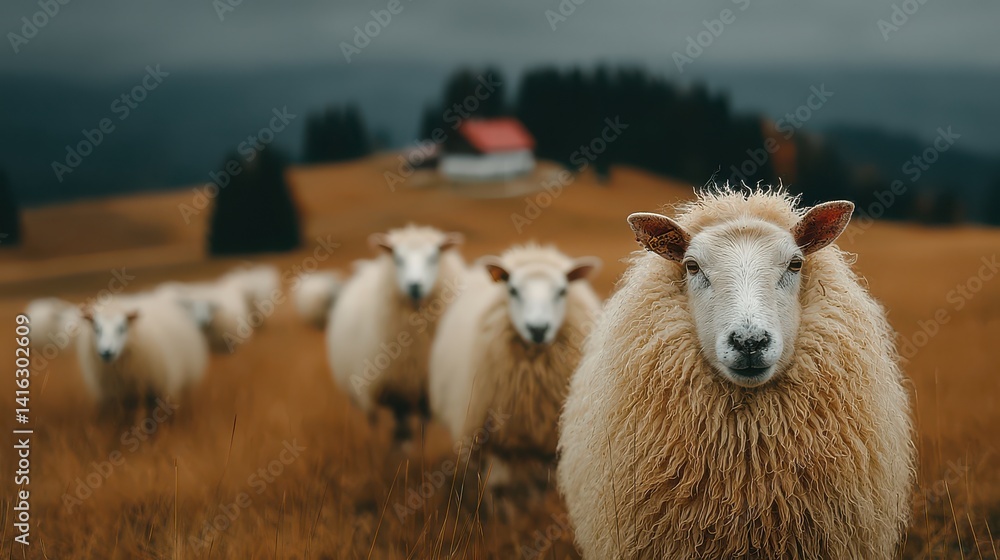 Fototapeta premium sheep wandering the grassy meadow eyes full of curiosity